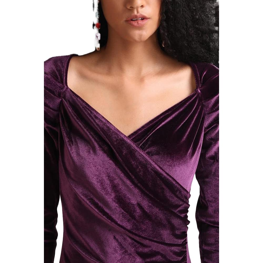 Kazo Solid Velvet V Neck Women's Maxi Dress (Purple,Small)