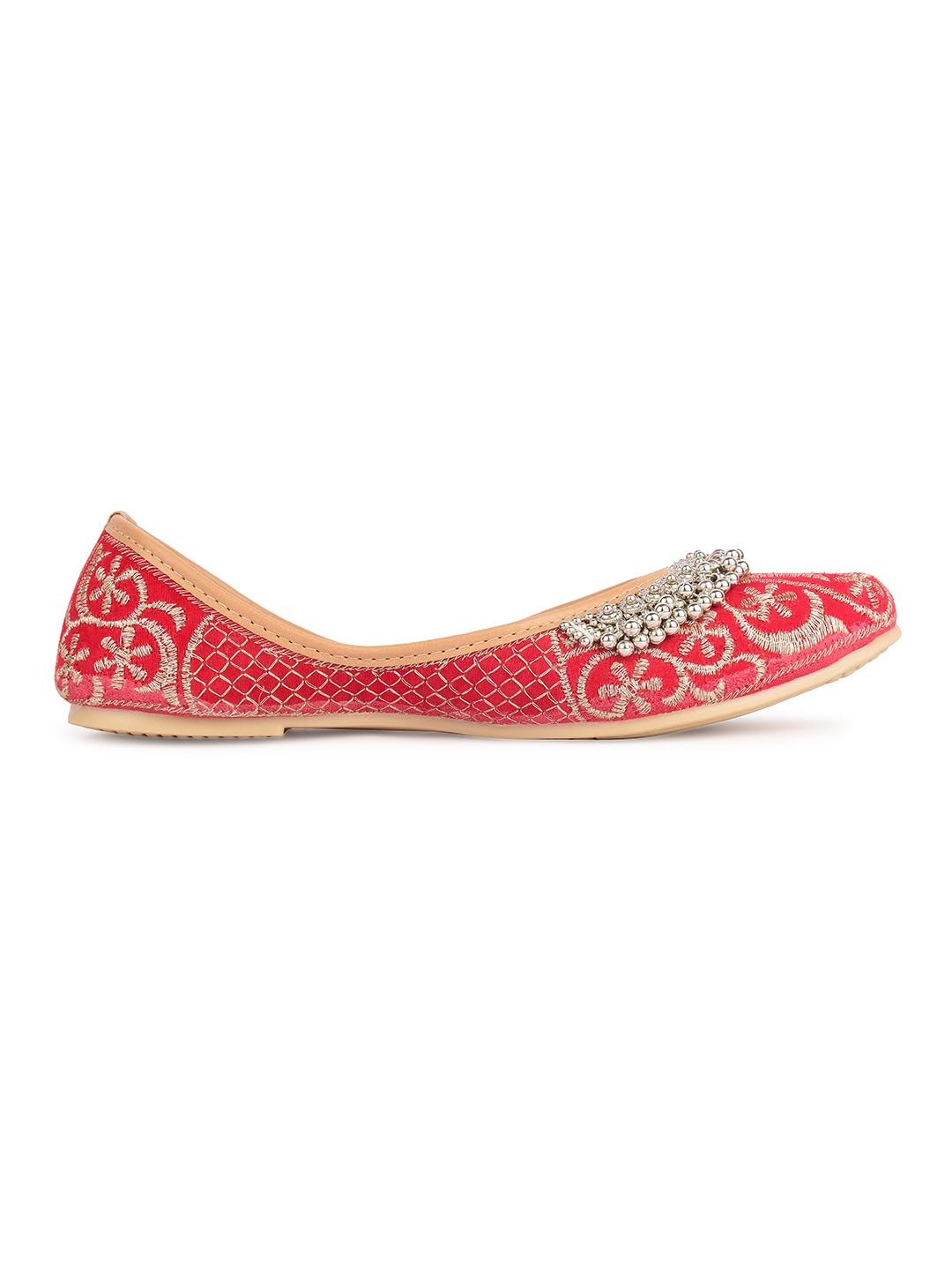 DESI COLOUR Flat Footwear/Mojari/Punjabi Jutti/Bellies for Women - Red Embroidered Gungroo (7)