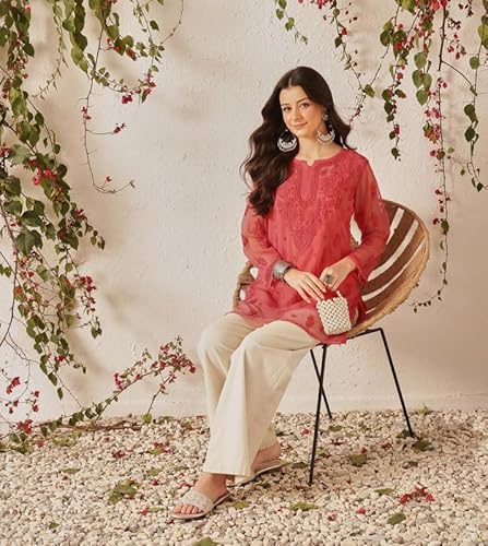 Ada Faux Georgette Short Kurti with Slip Hand Embroidered Lucknowi Chikankari Top Tunic for Women A911557 (2XL, Carrot Pink)
