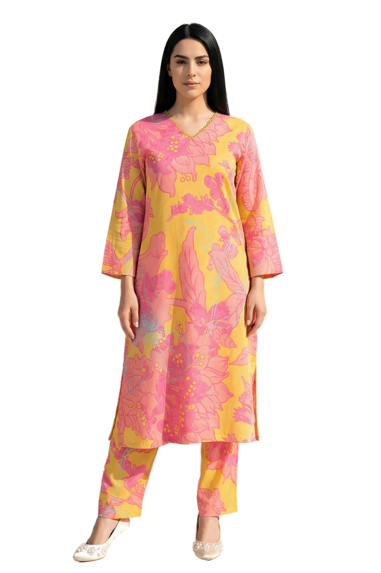 W for Woman Yellow Floral Printed Modal Straight Kurta with Straight Pant Set - (WS13917-127647-XL)
