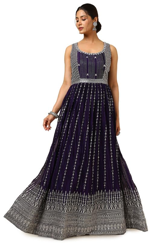 Soch Womens Purple Georgette Blend Embroidered Gown with Sequins