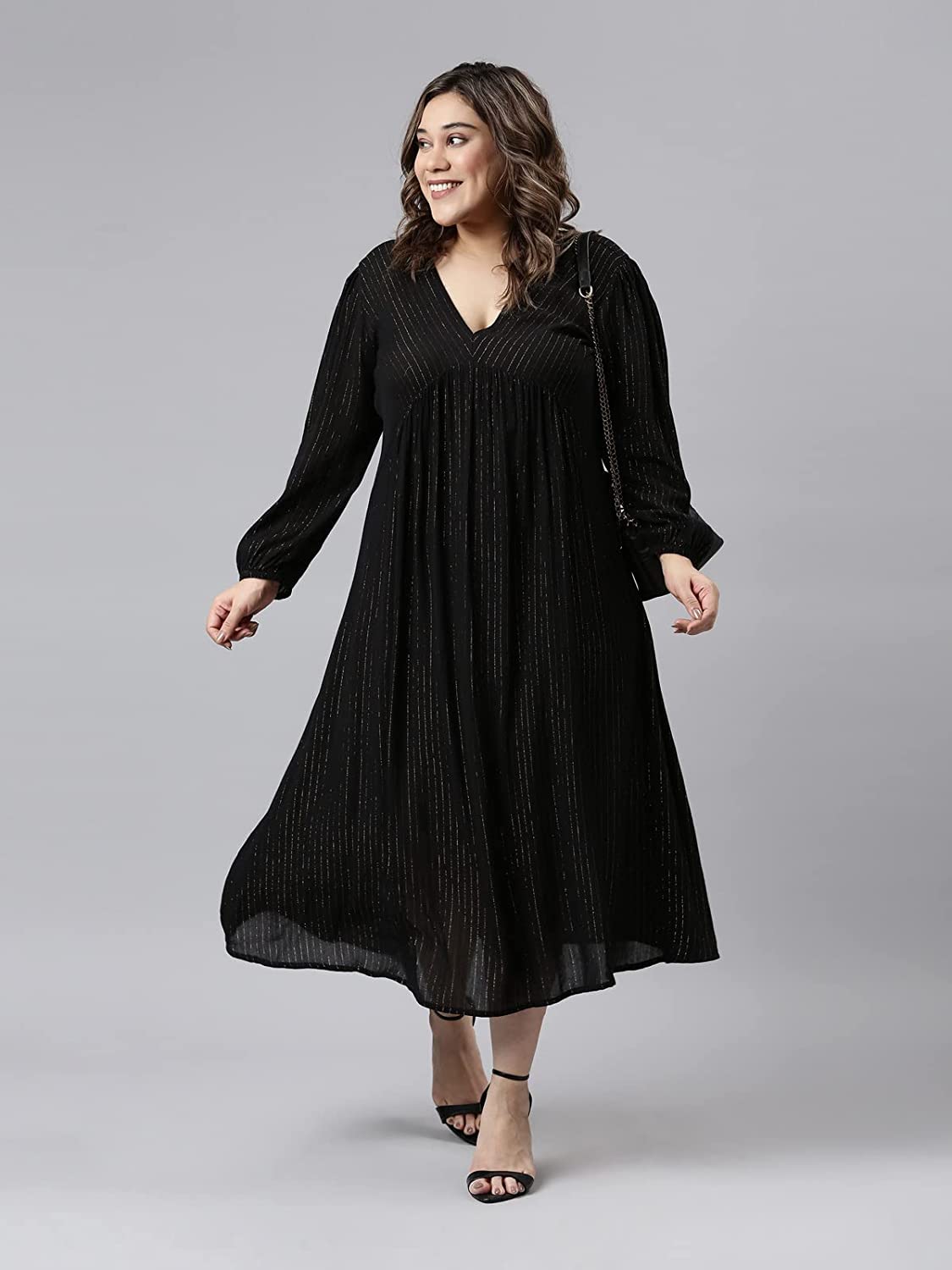 The Pink Moon Women's Maxi Plus Size Lurex Dress - (DRS_100_GOLDLX_Black_2XL)