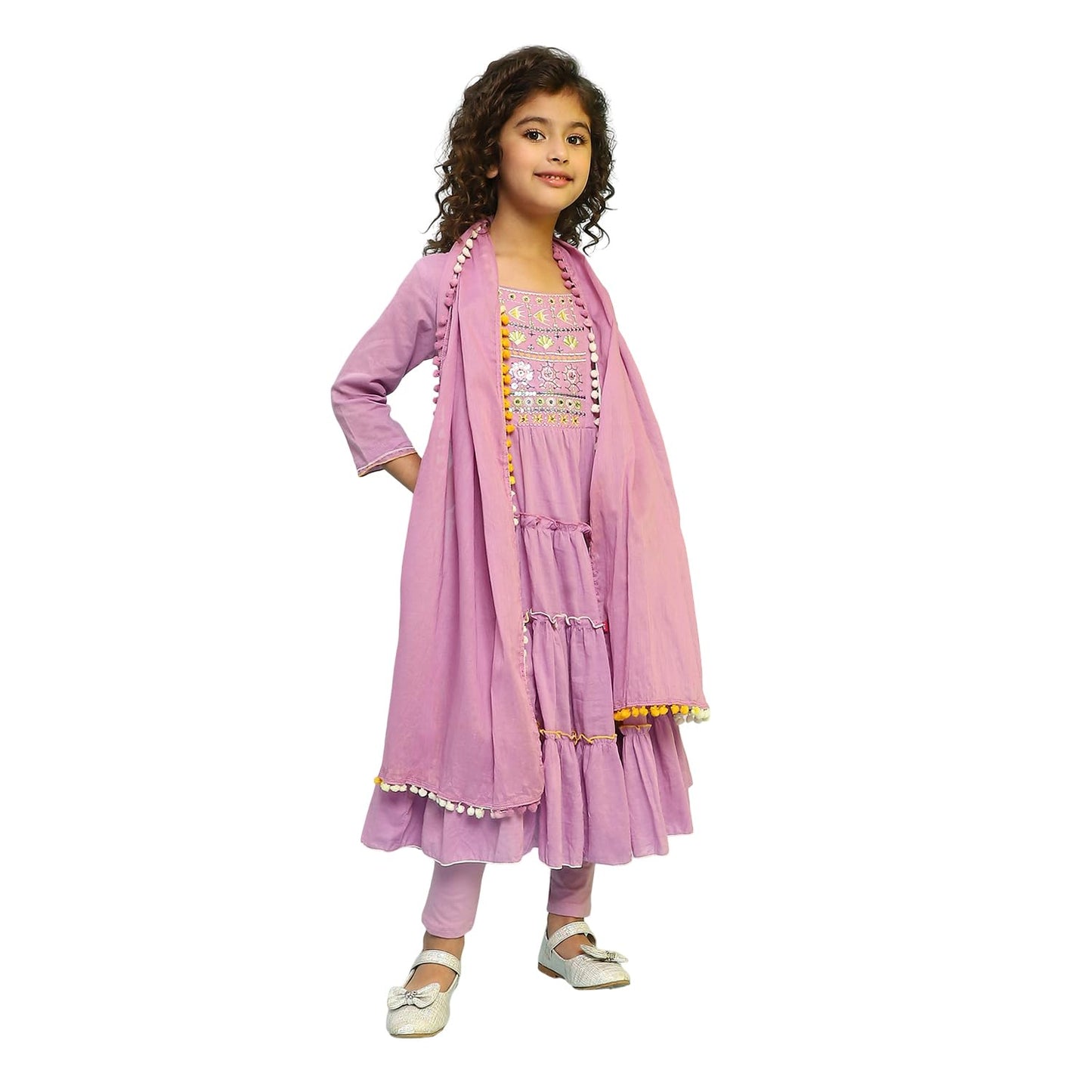 BIBA Girls Violet Tiered Cotton Solid Kurta suit set