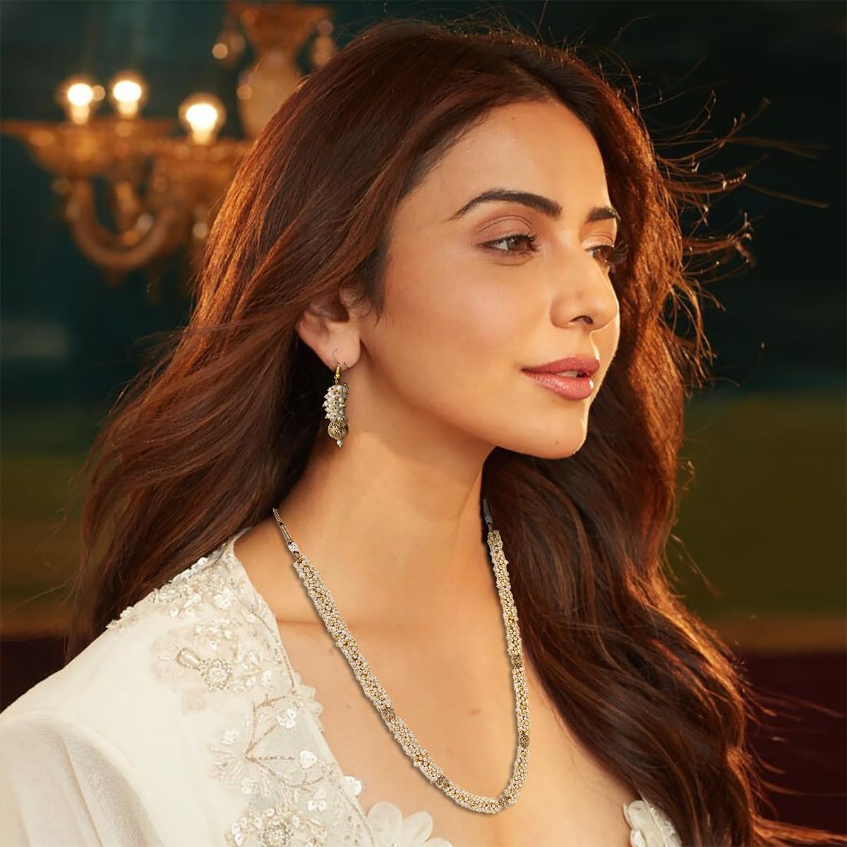 ACCESSHER Traditional Gold Plated Long Necklace Set with Earrings | Pearl Beaded Ethnic Jewellery Set for Wedding For Women & Girls