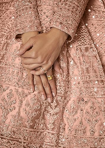 Divine International Trading Co Women's Net With Heavy Embroidery Work Long Anarkali Gown Salwar Suit Dupatta (Unstitched_SanjanaO-8396-Peach)