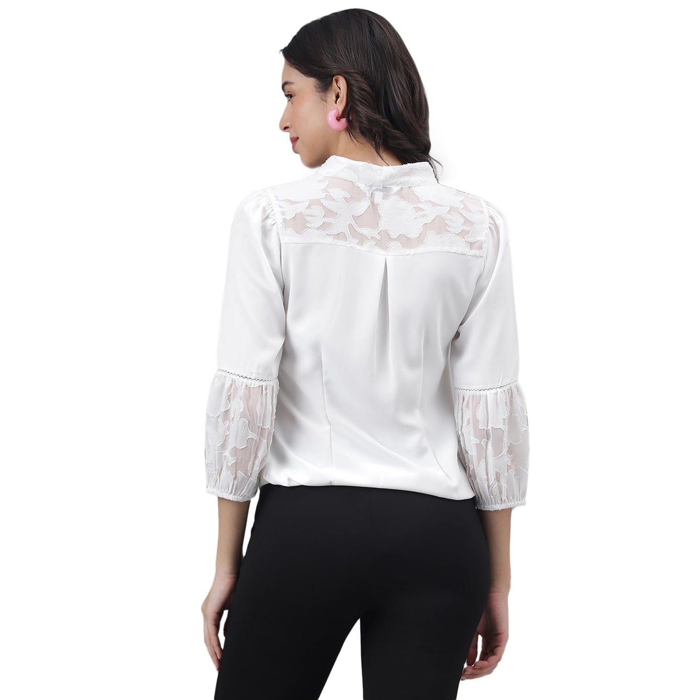 Latin Quarters Women White 3/4 Sleeve Tie-Up Neck Solid Top_M