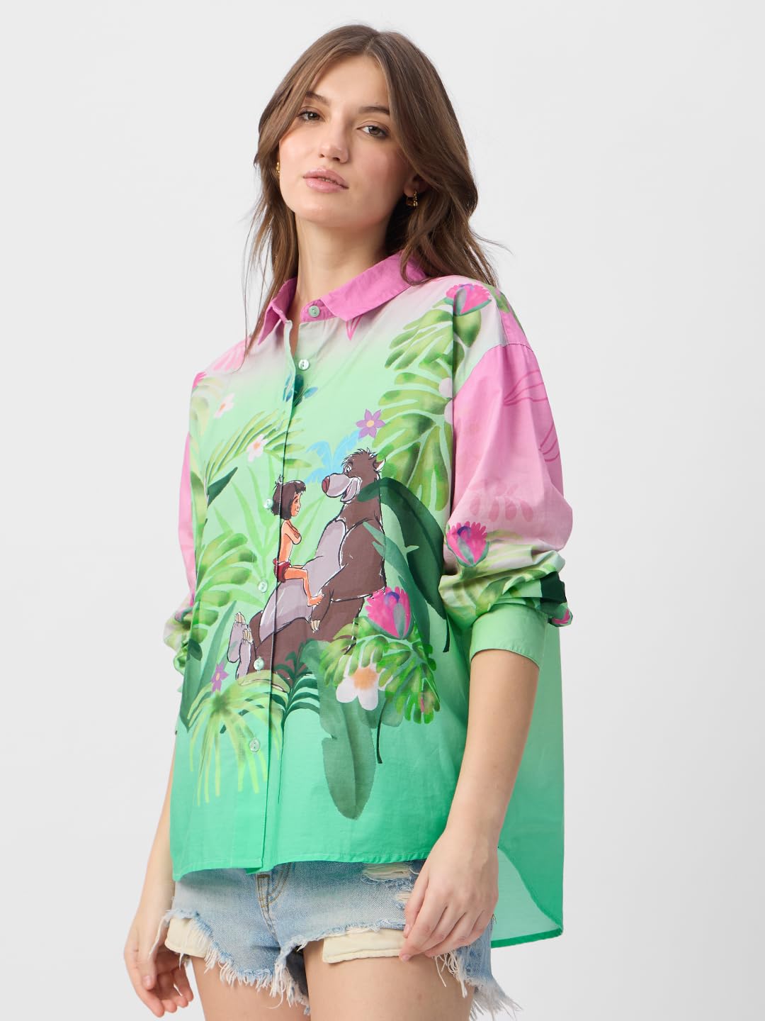 The Souled Store Official Jungle Book: Mowgli's Garden Women and Girls Long Sleeve Collared Neck Button Down Boyfriend Shirts