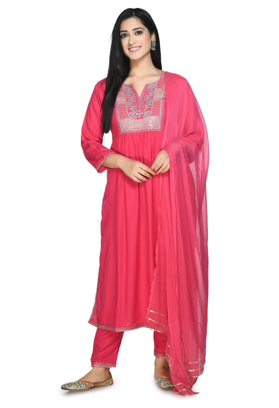 LIBOZA Rayon Ethnic Salwar Suit Set with Dupatta for Women Pink Nyra Cut - Elegant Ladies Heavy Work Kurta Sets with Special Stitched Pants (IN, Alpha, Small, PINK)