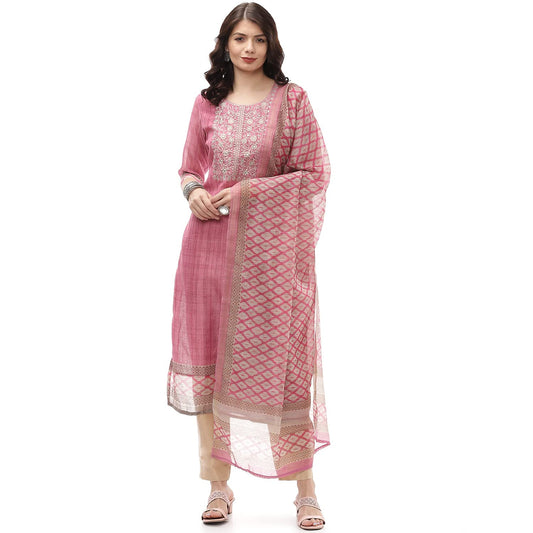 BIBA Women's Pink Chanderi Hand Embroidered Unstitched Suit Set