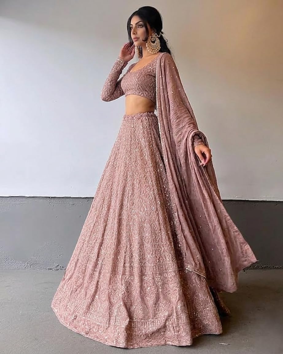 JIHU CULTURE Pink Georgette Sequence Lucknowi Embroidery Work Semi sttiched Lehenga choli set for women (pink)
