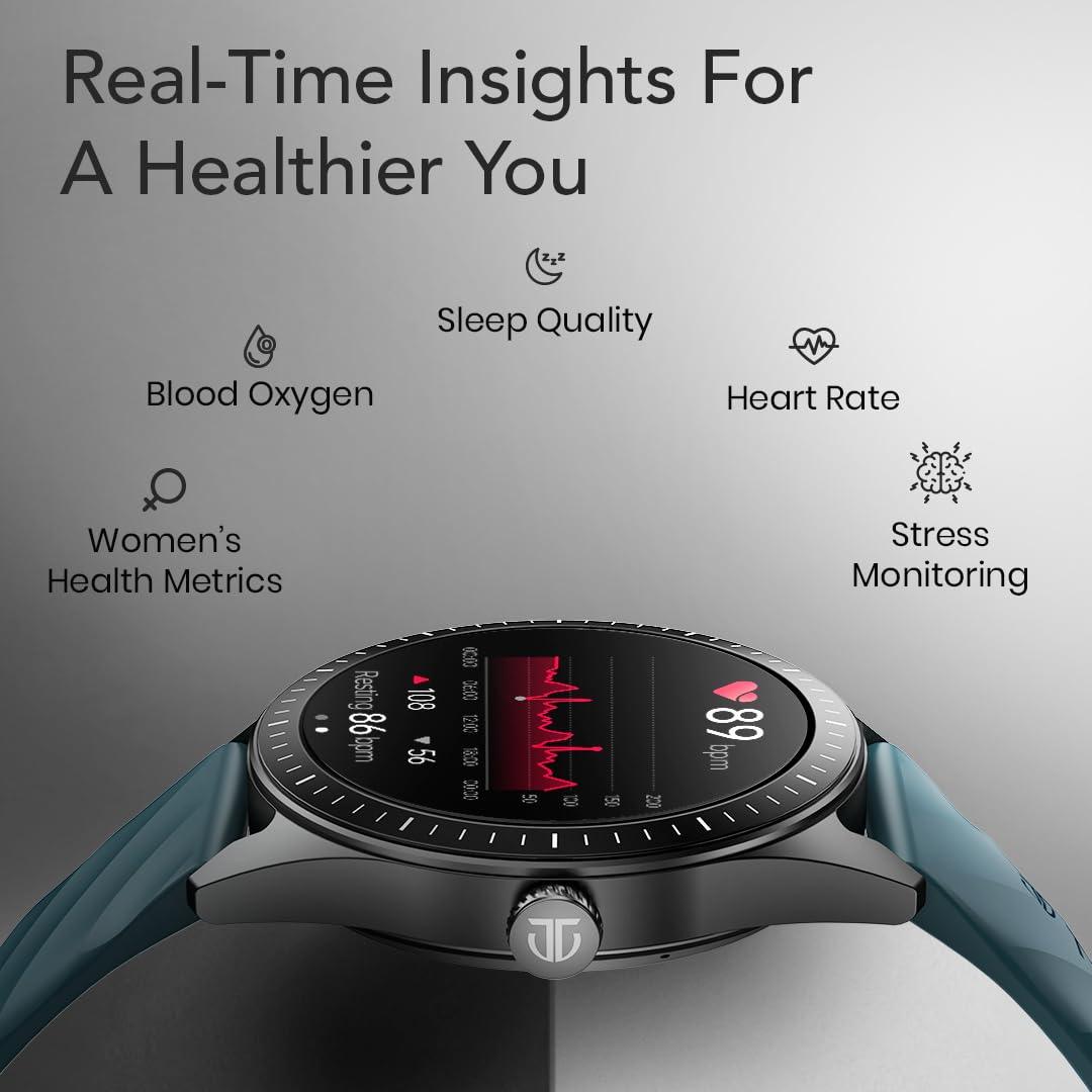 Titan Crest 2.0 Smart Watch for Man & Women, 1.43" AMOLED Display, Silicone Strap, BT Calling, Tailored Activity Tracker, 100+ Sports Modes, Fast Charging, Smart Watches for Women Latest & Men (Blue)