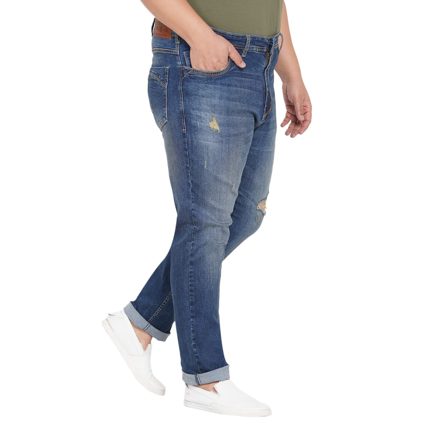 JOHN PRIDE Plus Size Men's Stretchable Mid-Rise Comfort Fit Ripped Blue Cotton Jeans for Men