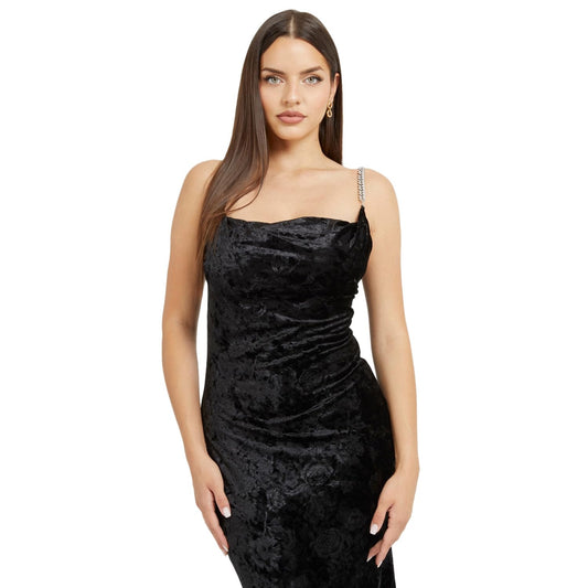 GUESS Women's Black Polyester Blend Printed Regular Fit Shoulder Straps Sleeveless Dress