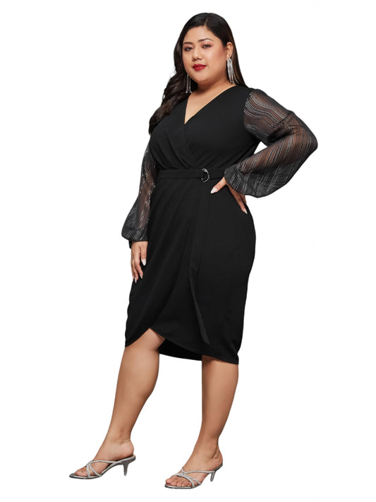 Miss Chase A+ Women's V Neck Bishop Sleeves Front Pocketed Polyester Wrap Knee-Length Dress (APSS23D16-41-62-09, Black, 4XL)