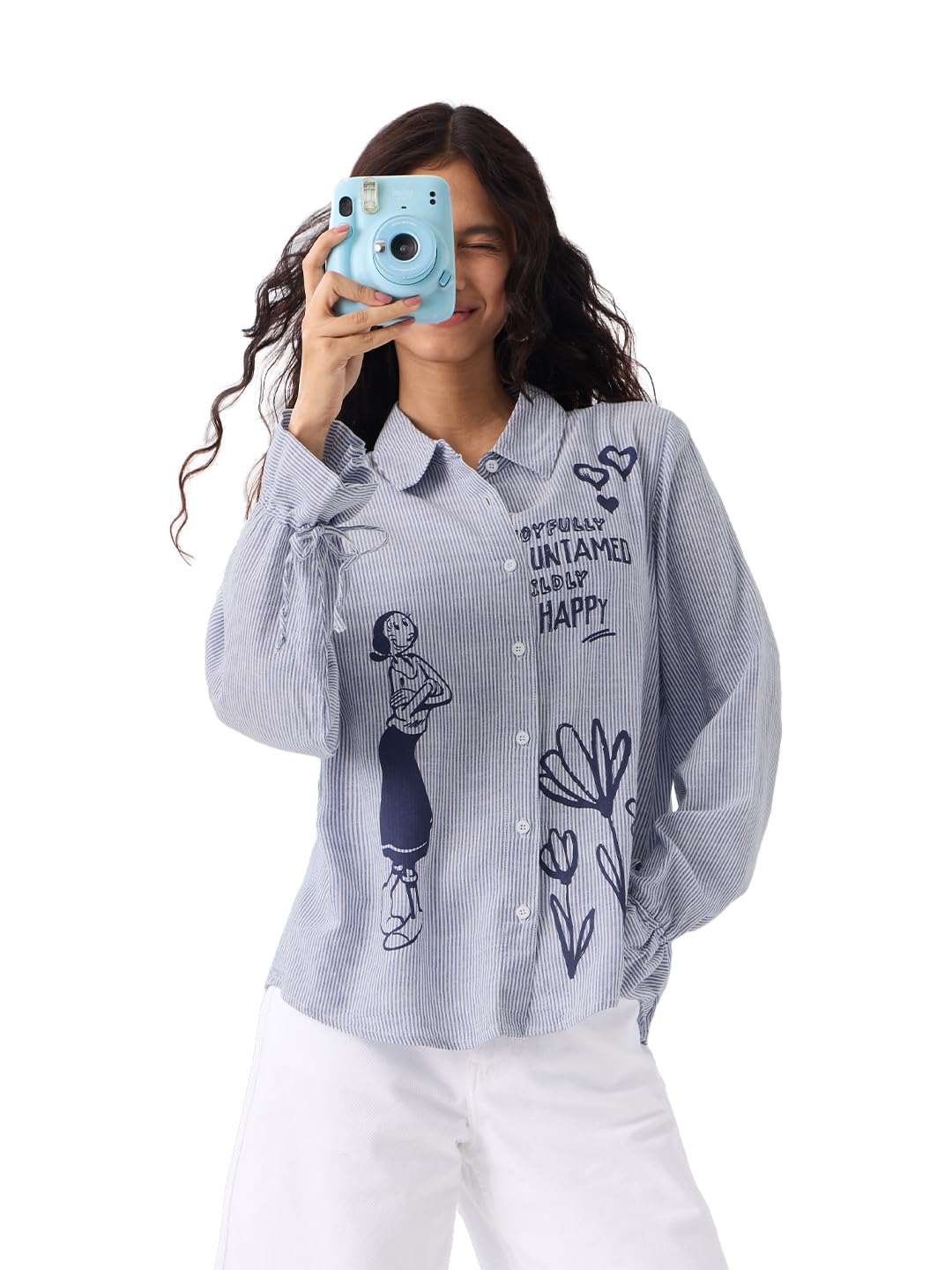 The Souled Store Popeye Collection: Happy Olive Women and Girls Full Sleeves Collared Neck Button Front Blue Printed Cotton Viscose Blend Oversized Fit Boyfriend Shirts