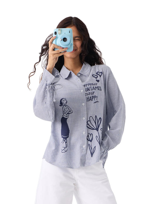 The Souled Store Popeye Collection: Happy Olive Women and Girls Full Sleeves Collared Neck Button Front Blue Printed Cotton Viscose Blend Oversized Fit Boyfriend Shirts