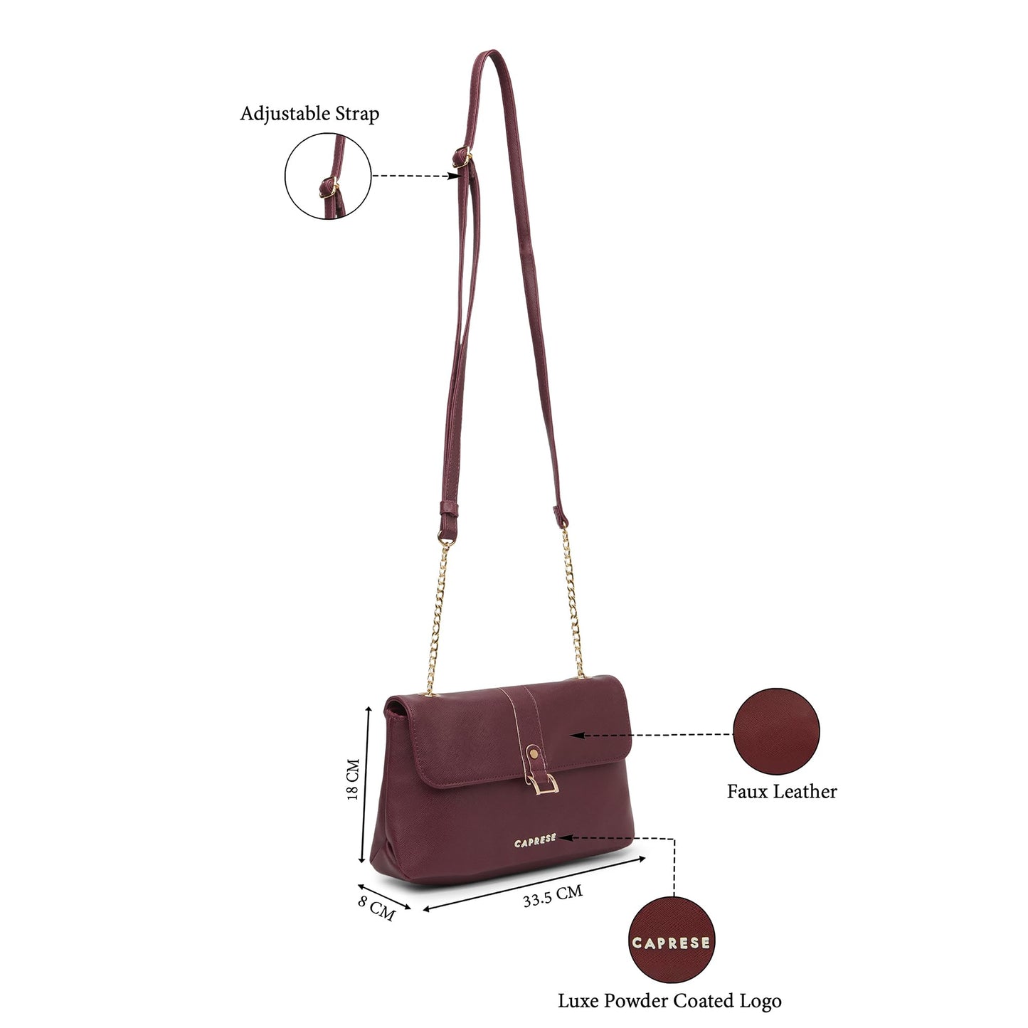Caprese Lexi Medium Sling Bag for Women | Solid Faux Leather Crossbody Handbag with Adjustable Strap | Stylish Shoulder Purse with Zipper & Magnetic Button Closure | Everyday Office, & Travel (Cherry)