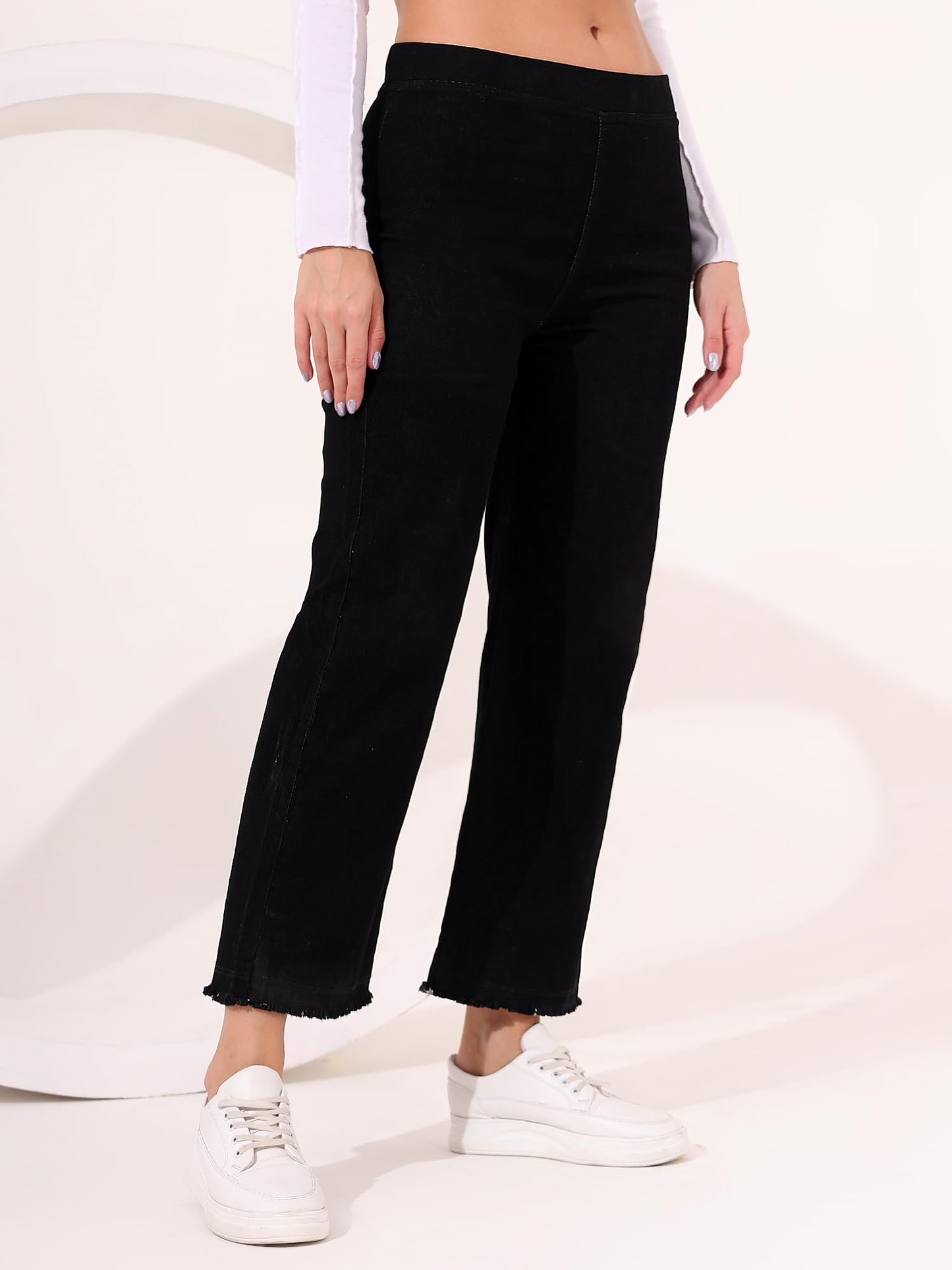 HIGHTEN Women’s Black Wide Leg Elastic Waist Jeans | High Rise Loose Fit Stretch Denim Pants Without Belt Loops