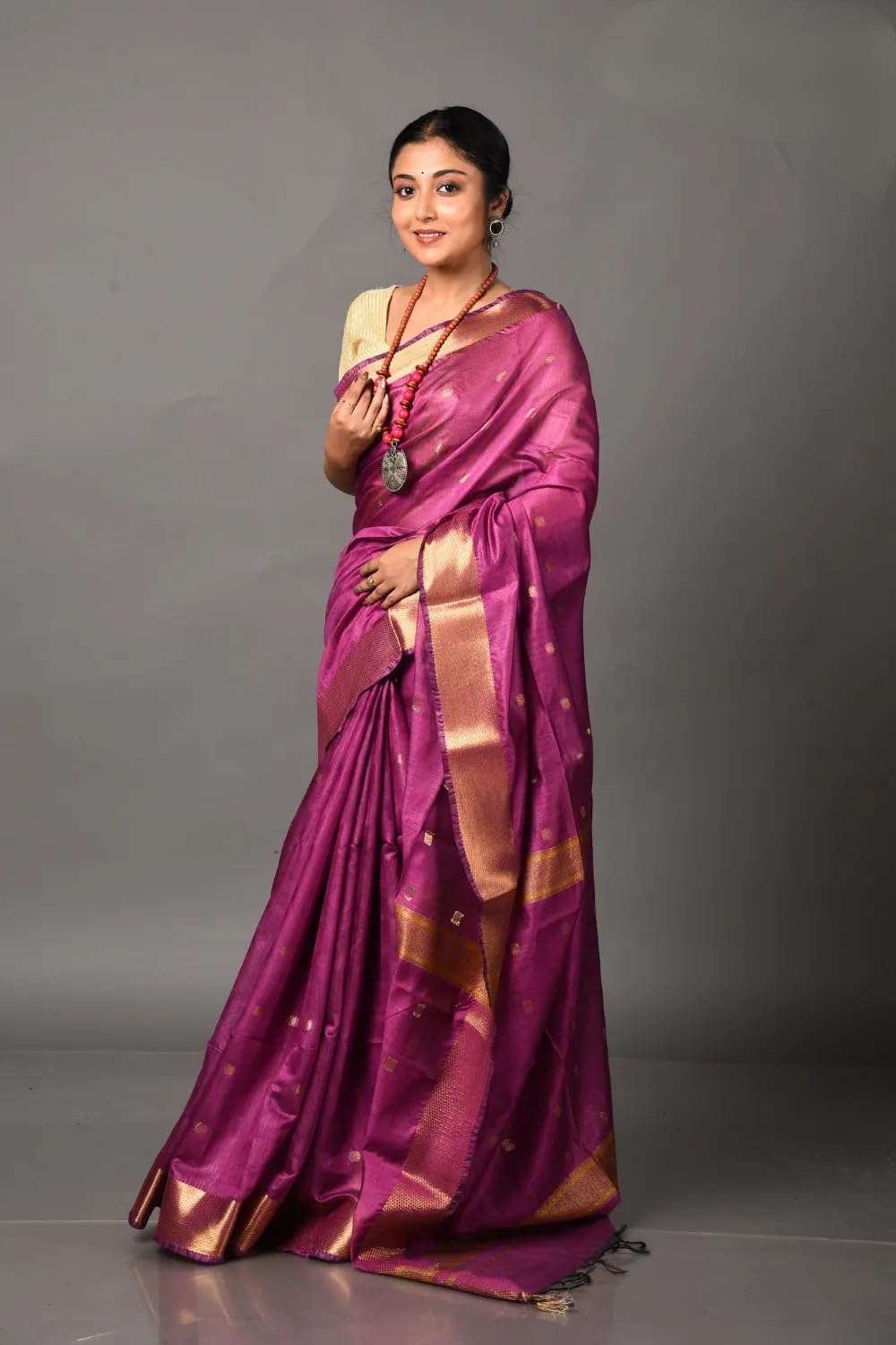 Zafreen Handloom | Women's Handwoven Semi Tussar silk Saree With Designer Zari Boder And Butta Woven (Pink)