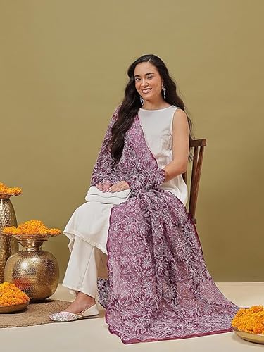 Ada Hand Embroidered Lucknowi Chikankari Georgette Ethnic Wear Dupatta stole for Women A511228 Wine