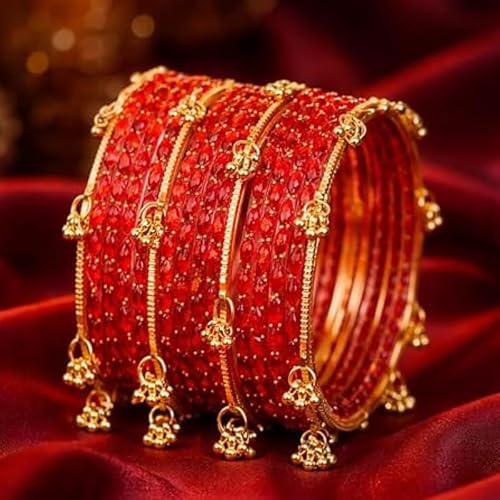 ELIF-X Kashmiri Ghungharoo Raindrop Bangles Set for Women | Traditional Gold Plated Ethnic Bangles | Bridal Wedding Jewelry | Stylish Designer Kada Set for Girls & Women|Red-2.6