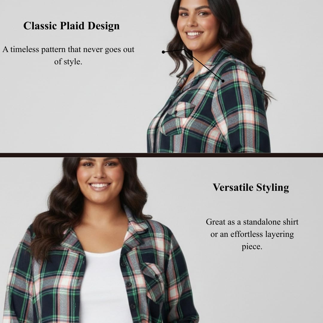 Angoori Fashion Women's Plus Size Plaid Shirt, Brown Black White Check Pattern, Button-Down with Chest Pocket, Roll-Up Sleeves (in, Alpha, M, Regular, Multicolor)