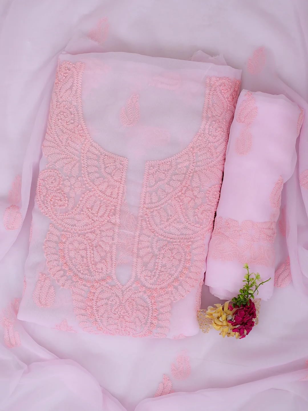 Ada Hand Embroidered Lucknowi Chikankari Unstitched Georgette Dress Material Suit Piece with Dupatta for Women 01A1002586 Baby Pink