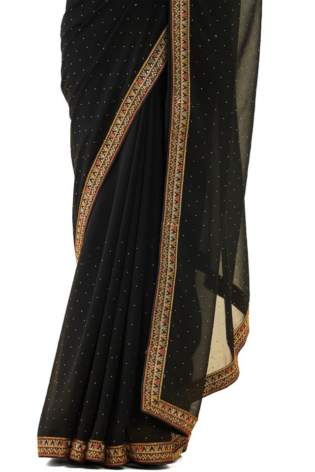Soch Womens Black Georgette Saree With Stones And Embroidery
