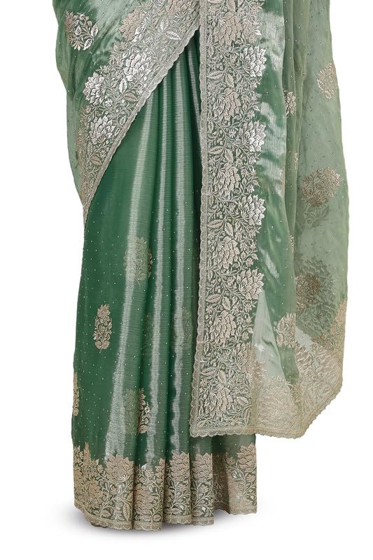 Soch Womens Light Green Organza Embroidered Saree With Stone Work