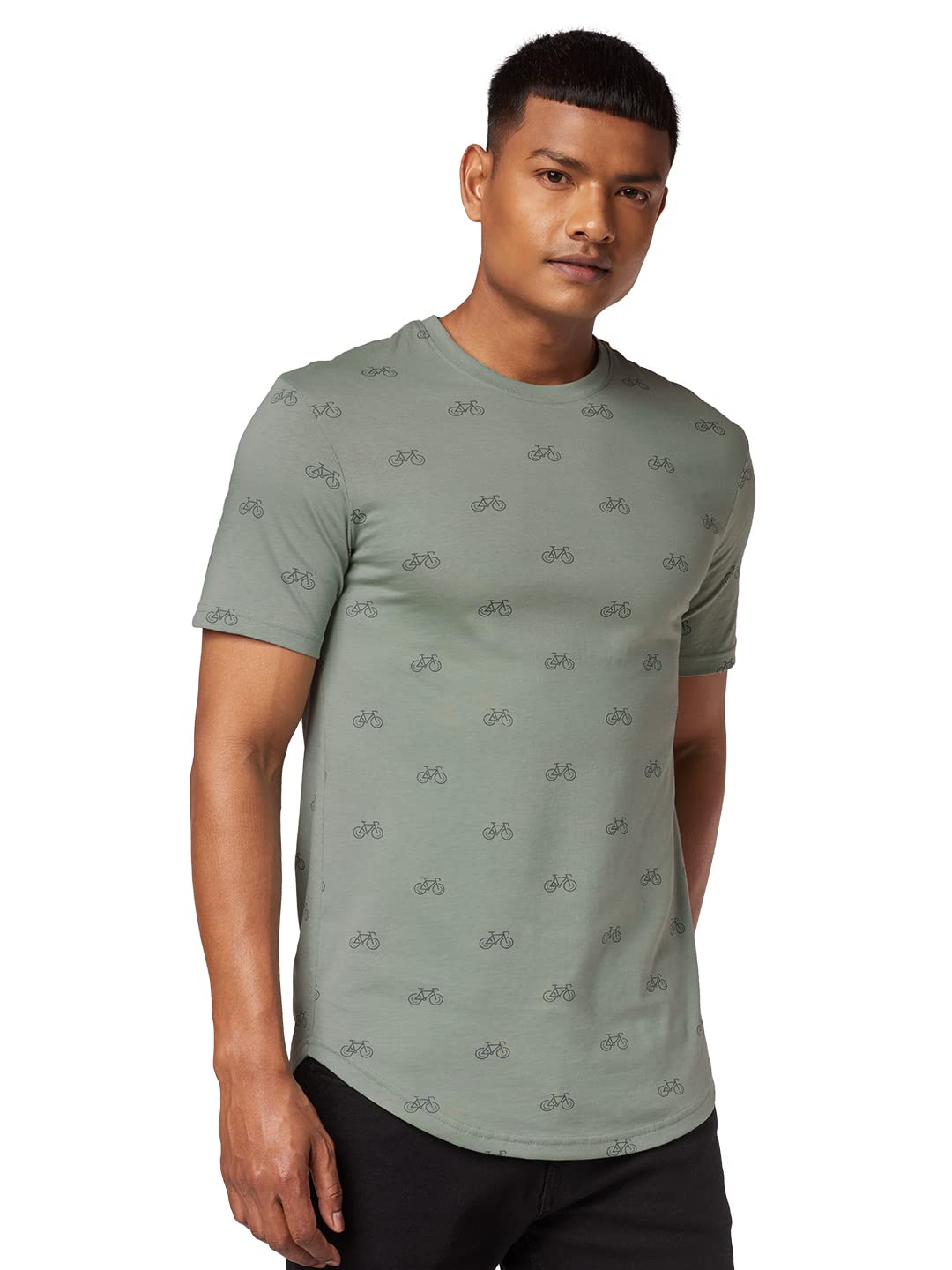 The Souled Store Men Cycle Pattern Sage Green Printed Supima Drop Cut T-Shirts (XX-Large) Supima Drop Cut T-Shirts Fashionable Trendy Graphic Prints Pop Culture Merchandise