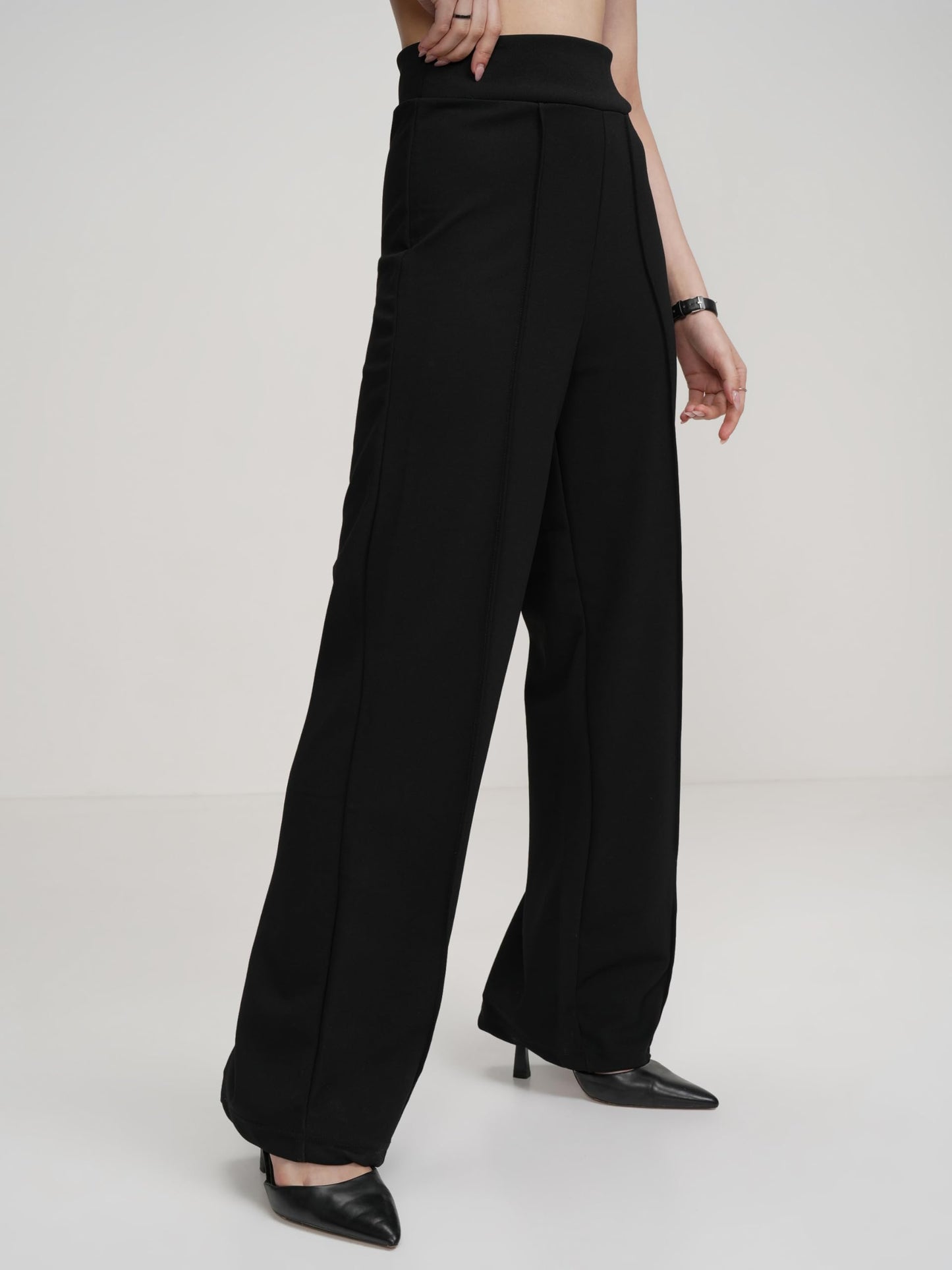 Tokyo Talkies Women Flared Fit High-Rise Parallel Trousers Black
