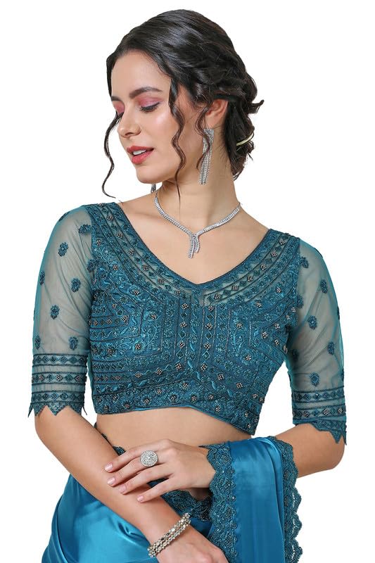 Soch Womens Teal Organza Saree with Sequin Lace Border