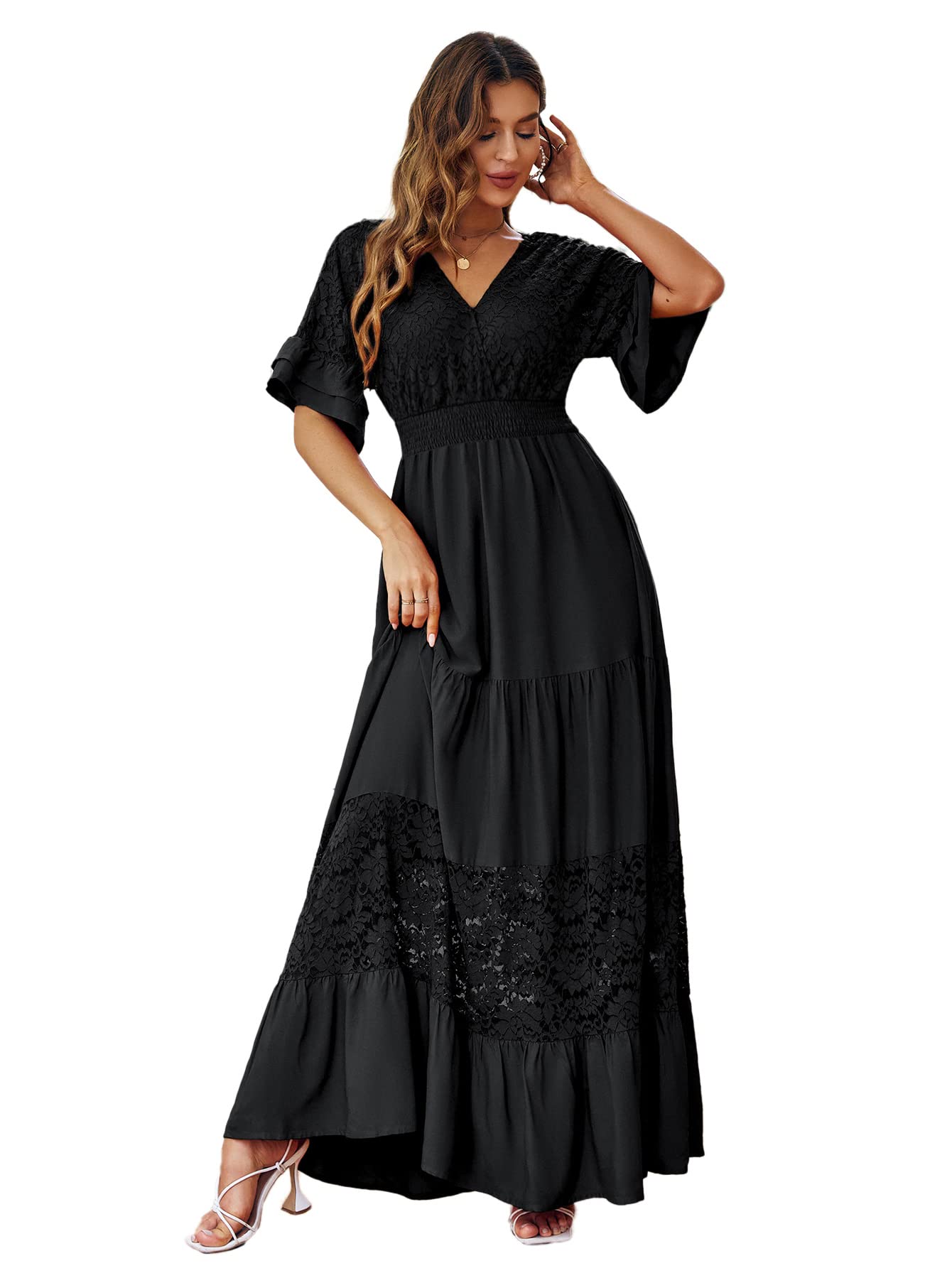 Simplee Women V Neck Formal Lace Maxi Dress Ruffle Flowy Short Sleeve Boho Wedding Guest Party Summer Long Dress, Lace_black, X-Large