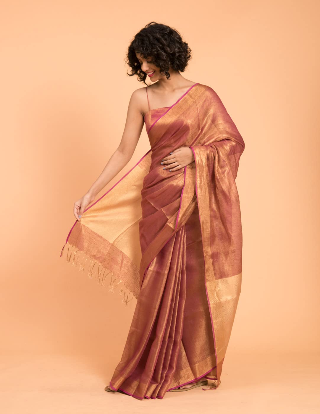 Suta Women's Plain Linen Saree Without Blouse| Linen Pink Saree| Pink Saree| Linen Saree Saree