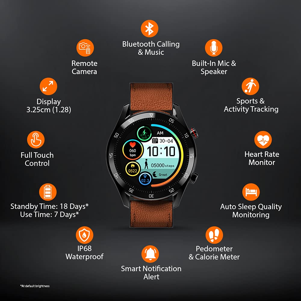 GIONEE STYLFIT GSW8 Smartwatch with Bluetooth Calling and Music, Built-in mic & Speaker, Internal Storage, HR Monitoring, Multiple Sport Mode, Full Touch Control (Sienna Brown), Regular