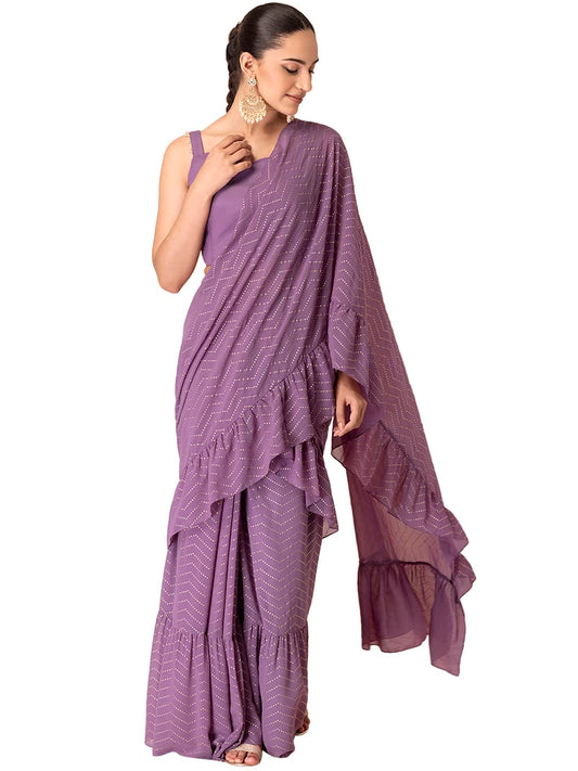 Indya Women's Georgette Pre-Stitched Saree (Purple)