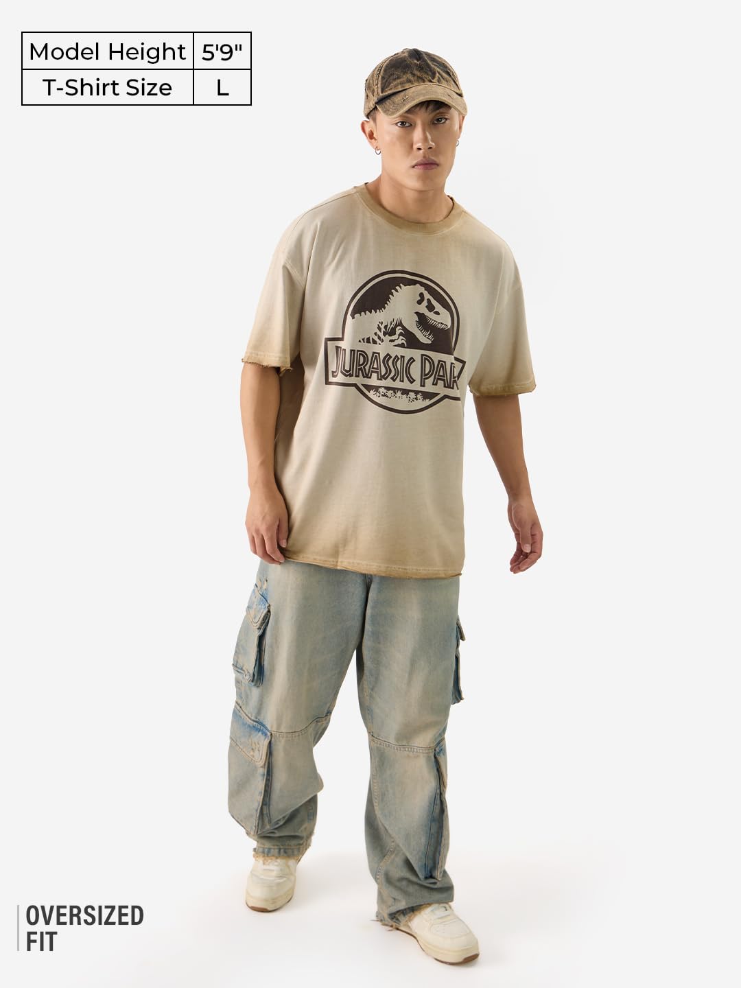 The Souled Store Official Jurassic Park: Logo Men and Boys Short Sleeves Round Neck Beige Graphic Printed Cotton Oversized T-Shirts