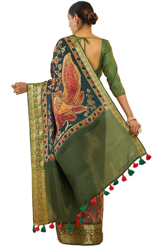 Soch Womens Brown Crepe Saree With Floral Kalamakari Print And Zari Borders