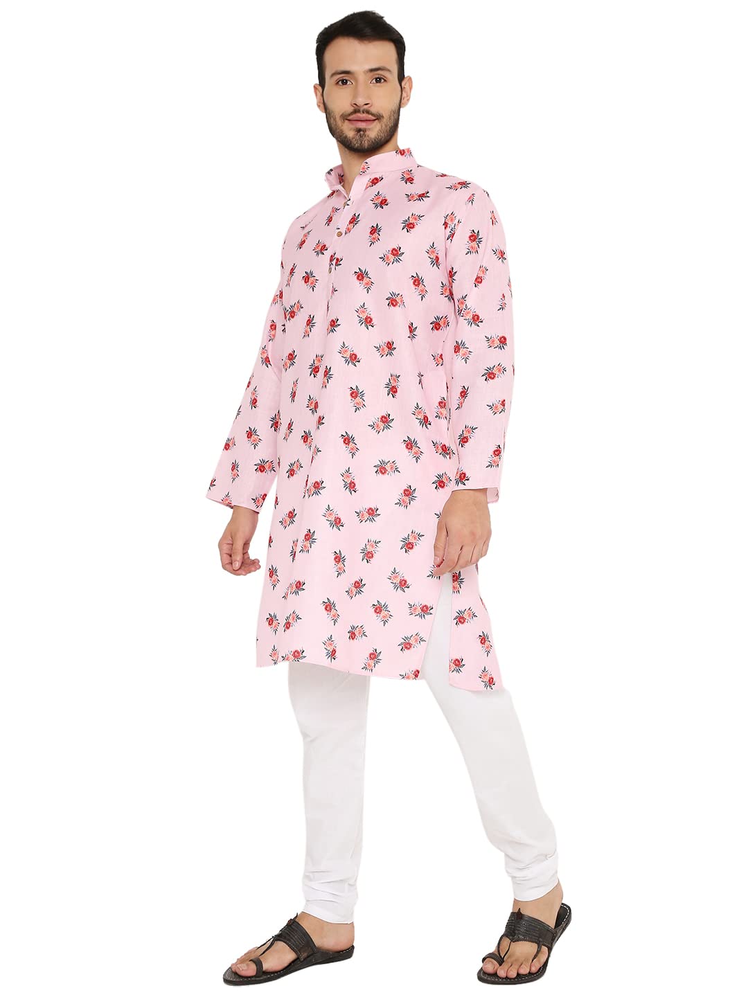 LUCKWIN Linen Regular Fit, Mandarin Collar, Floral Print Kurta Pajama Set in Pink for Men [LWKP162-42-2023]