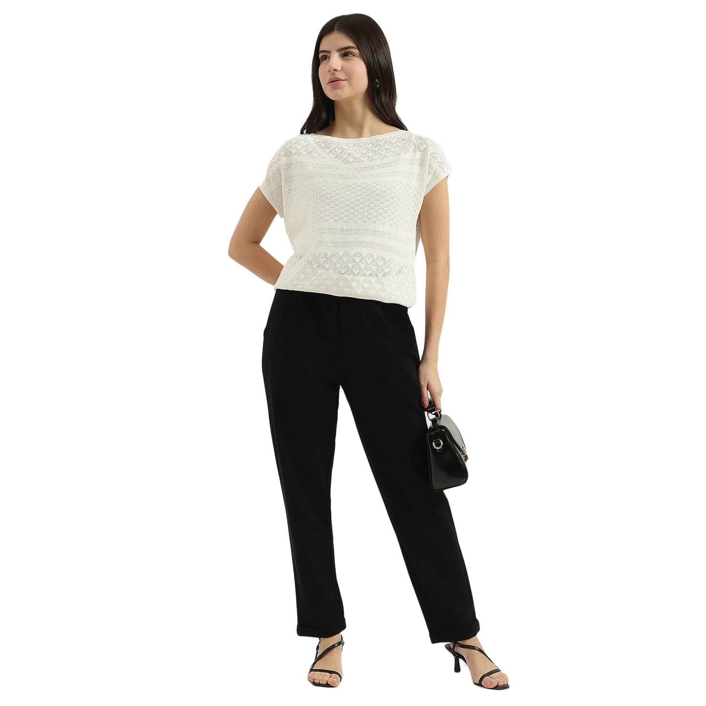 United Colors of Benetton Boat Neck Textured Top (Size: M)-25P1194D10AGG074 Cream