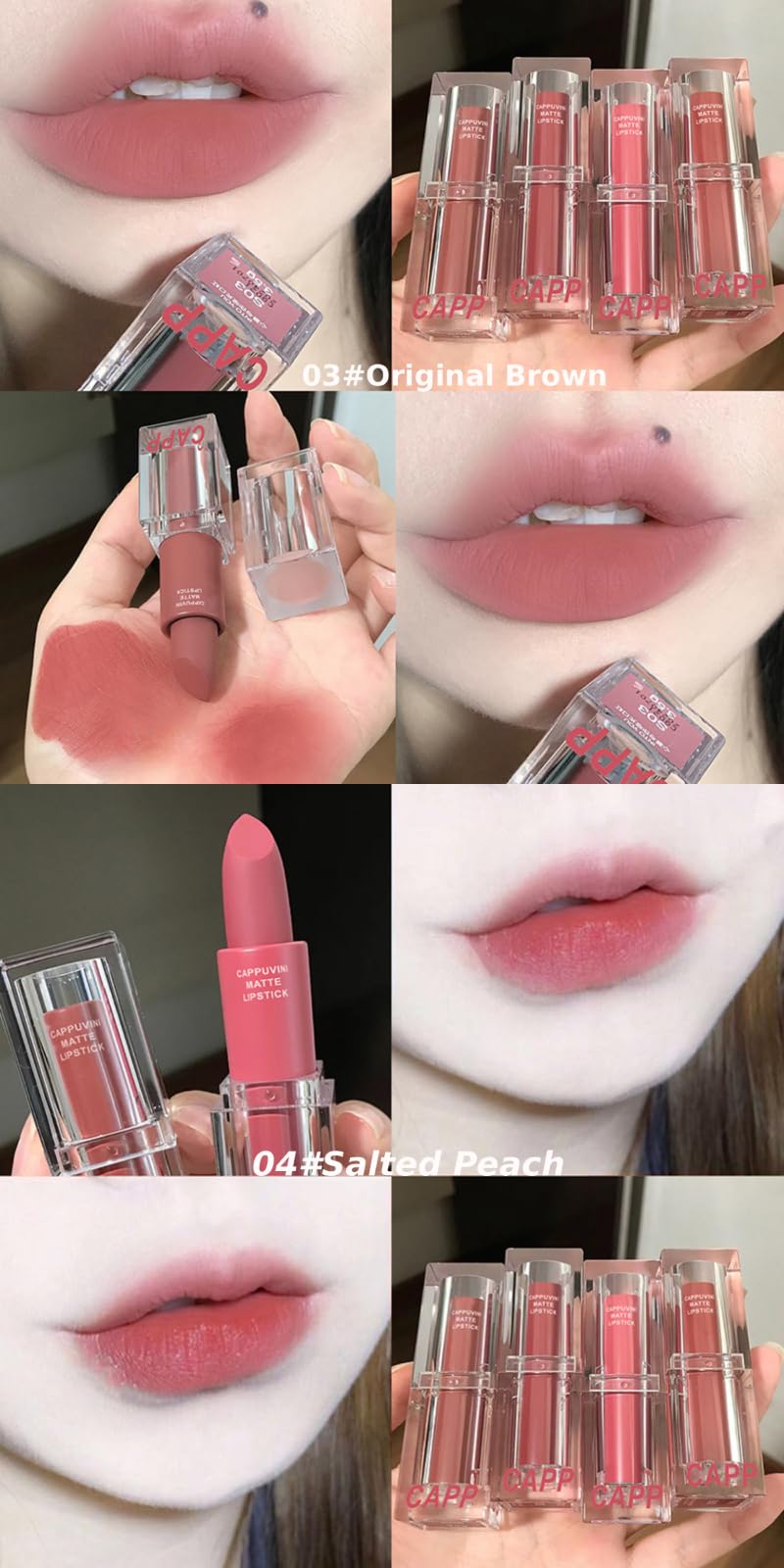 Cappuvini Creamy Matte Mousse Lipstick | Waterproof Smudge-Proof Formula | Comfort with High Pigmentation | Curated Shades Including Nude Brown Coral Terracotta | Transfer-Resistant Long Lasting | Clean Girl Aesthetic Kawaii Packaging | Buildable Coverage