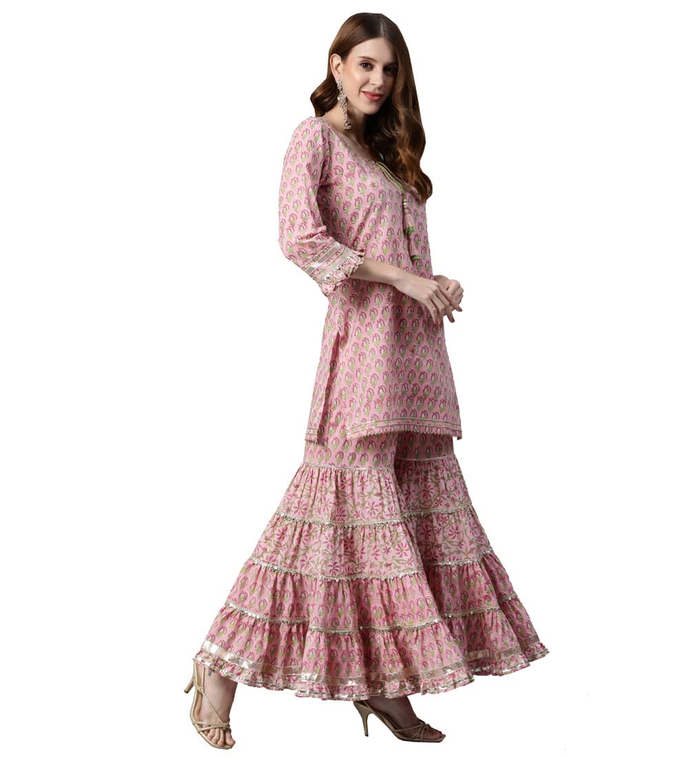Divena Pink Floral Hand Block Printed Kurta Sharara Set with Dupatta