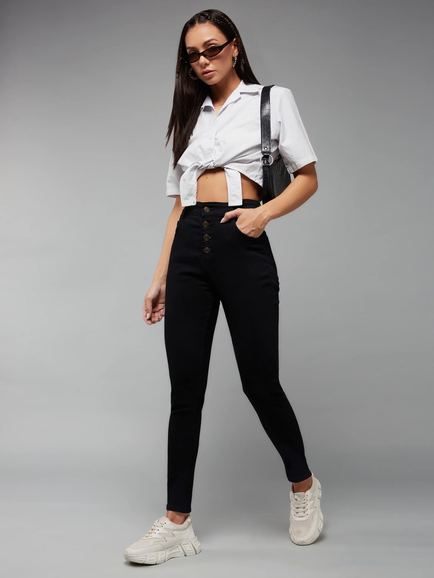 Dolce Crudo Women's Fit High Rise Regular Length Stretchable Denim Jeans (DOAW18DEN02-79-342-38, Shadow Black, 38)