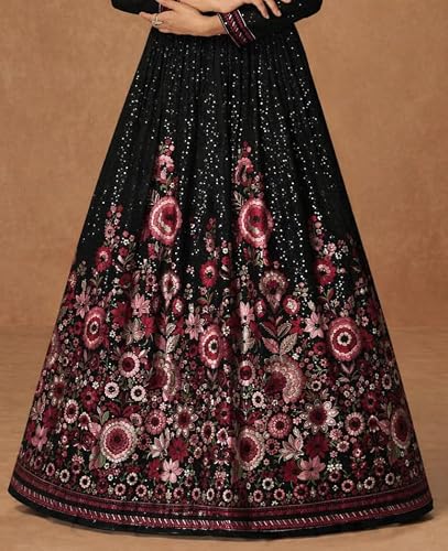 Miss Ethnik Women's Black Faux Georgette Stitched Gown with Embroidered Dupatta Full Sleeve Embroidered A-Line Gown (ME-1304-Black-XL)