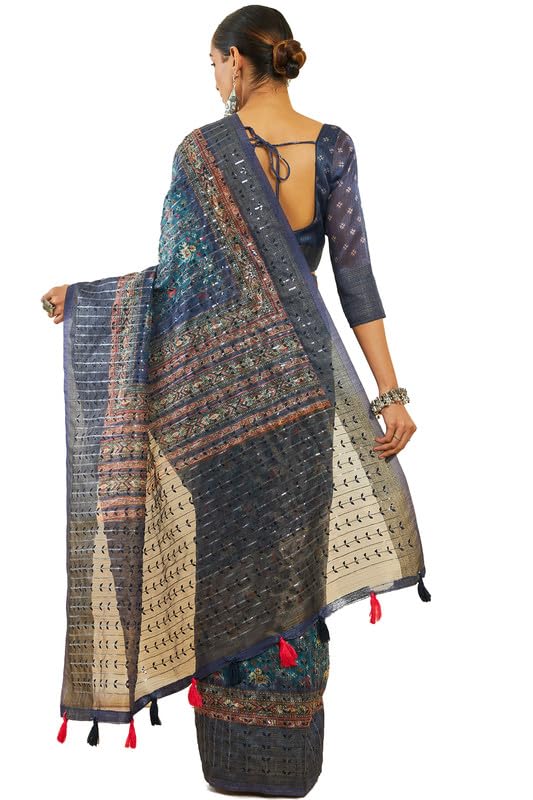 Soch Womens Teal Organza Pochampally Saree With Sequins