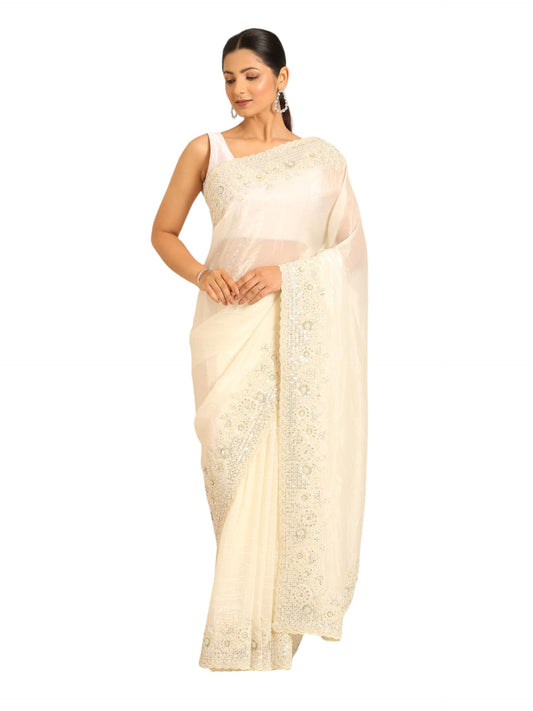 MOHEY Women's Cream Chiffon Hand Embroidered|Moti Work|Stone Work Saree
