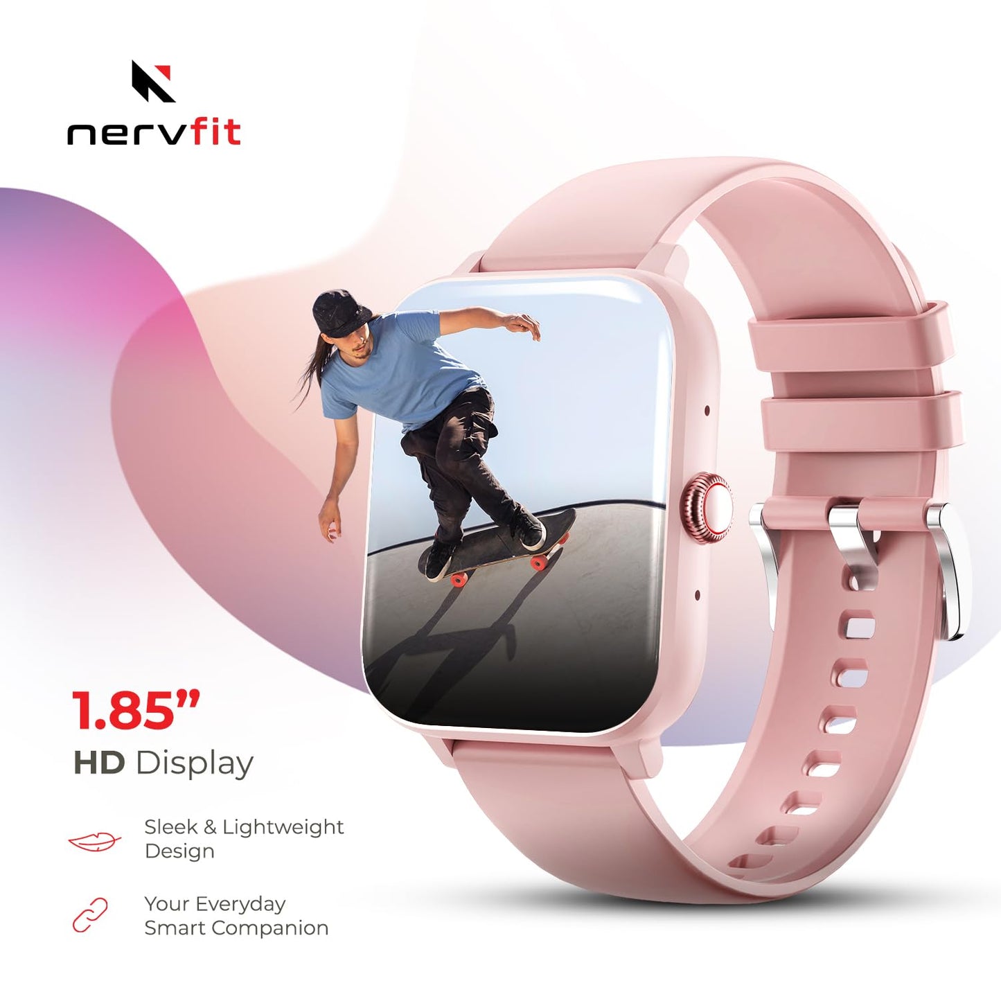 Nervfit Vibe Smartwatch with 1.85" LED Display | Bluetooth Calling | Waterproof | Heart Rate & SpO2 Tracking | Sleep & Stress Monitor | 5-Day Battery | Sports Modes (Orchid Pink)