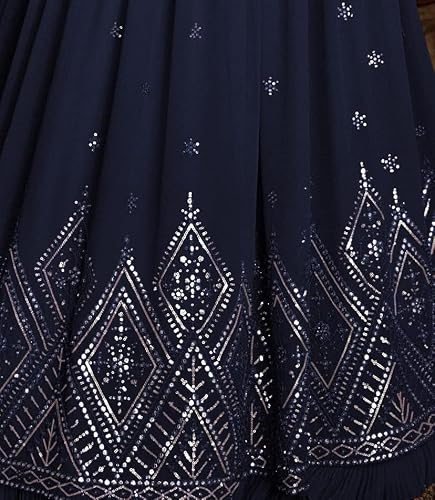 RUDRAPRAYAG Georgette Embroidered Free Size Maxi Anarkali Gown for Women (Navy Blue)