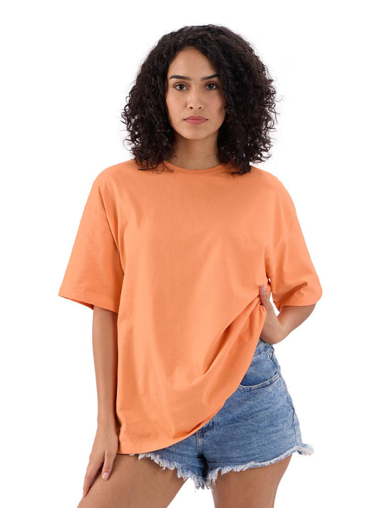 The Souled Store Solids : 100% Cotton Papaya Orange Women & Girls Short Sleeve Round Crew Neck Oversized T-Shirts