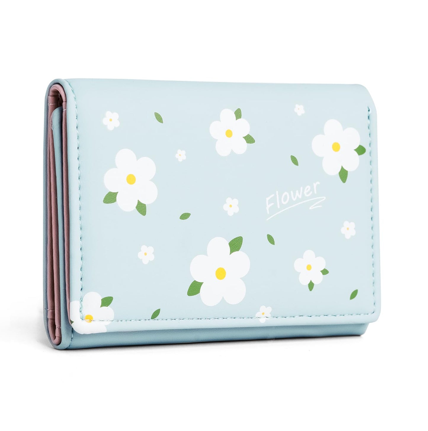 INOVERA (LABEL) Flower Wallets for Women, Girls - Stylish Faux Leather Trifold Cash, Cards Holder Wallet - Small Hand Purse (Light Blue)